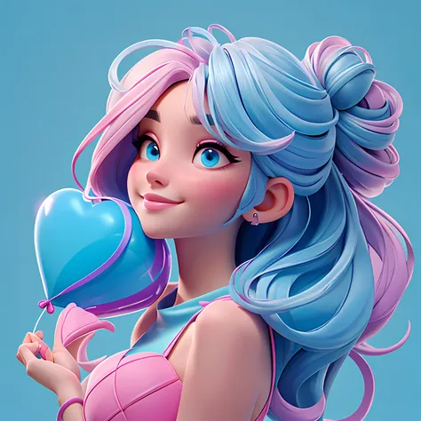 a woman holds a colorful heart-shaped balloon. her hair is stuck in a messy bun as she looks up in awe. the background is filled...