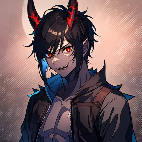 wendigo, human form, male, black hair, teenage male, horns on head, short hair, sharp teeth