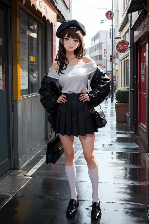 (masterpiece, top quality, best quality), (splash art), european girl, japanese street, hands on hips, bag, street, bangs, bare shoulders, beret, black footwear, black headwear, brown eyes, brown hair, closed mouth, handbag, hat, holding, long hair, long s...