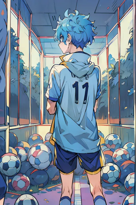 one anime boy alone , soccer player , blue hair