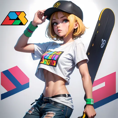 t-shirt print with pixel art skateboard inspired by the 8-bit aesthetic of the 80s or 90s, (design de camisetas, logo, distintiv...