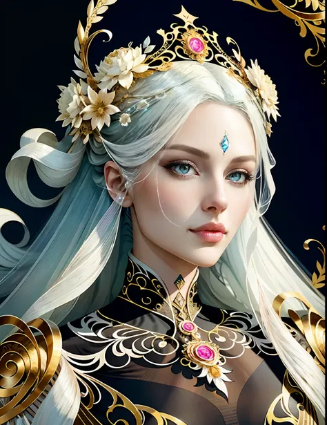 (skeleton like:0.4), ((female ornate princess)), (with white long flowing hair), (bright beautiful eyes), trending on artstation...