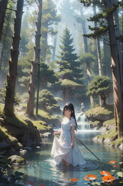 jellyfishforest, 1girll, jelly fish, dress, long hair, scenery, white dress, solo, nature, water, wading, outdoors, tree, standi...