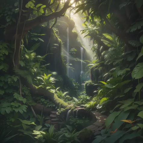 digital illustration, detailed and intricate, of a dense jungle filled with exotic plants and animals, the sunlight filtering th...