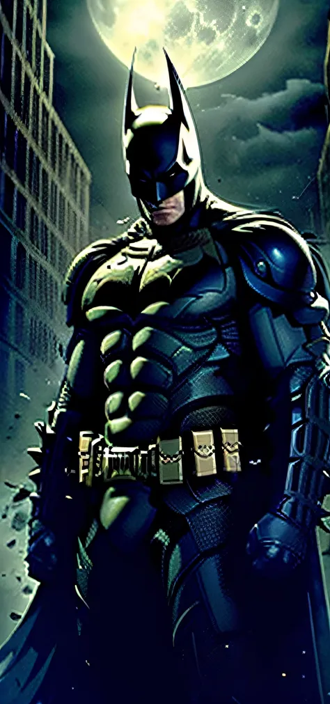 batman of the dark knight is imposing in a lost gothic city. moonlight highlights your muscles and scars. the scenery is lush an...