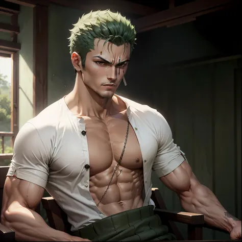 roronoa zoro, con espadas, masculino, fuerte, intrincado, alta calidad, 1hombre, camisa blanca