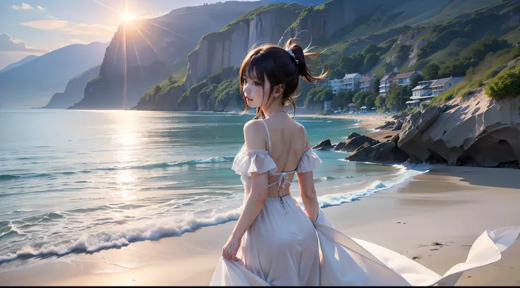 (Surreal)、(hight resolution)、(8K)、 (ighly detailed)、(top-quality、masterpiece:1.3)、(sharpnes)、shores、White sandy beach、Girl Walking On The Beach、Into the cloud、Bright sun、The sun rises high、Mid summer、By Shinkai Makoto