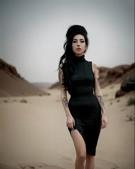 incredible masterpiece, una  mujer con un vestido negro de pie en un desierto, ella lleva un vestido negro, in an empty and deso...