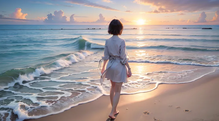 (((Surreal)))、(((hight resolution)))、(in 8K)、 (((ighly detailed)))、(top-quality、masterpiece:1.3)、((sharpnes))、ciinematic light、Full View、the beach、White sandy beach、Girl Walking On The Beach、Into the cloud、Bright sun、The sun rises high、Mid summer、By Shink...