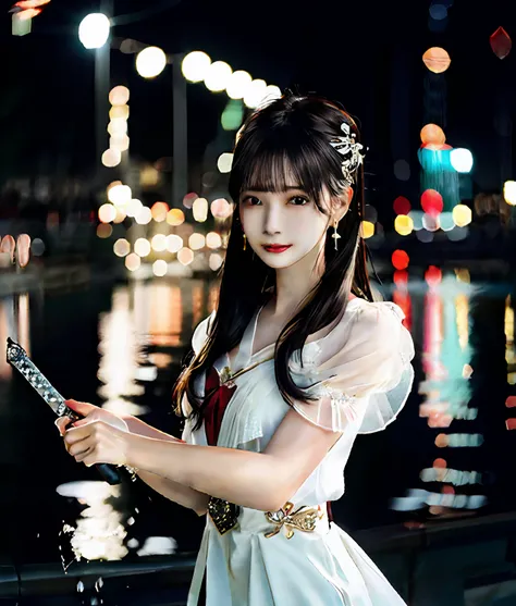 (realisticity: 1.2), best quality, masterpiece, highres, cg,
1girl, weapon, sword, long hair, dress, water, solo, jewelry, white dress, earrings, hair ornament, splashing, upper body super realistis, hair bun, black hair, city bacgraun realistis,
lighting,...