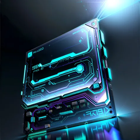 placa rectangular GlassSteelAI CircuitBoardAI sin fondo muy realista y detallada con luces de neon morado y azul claro