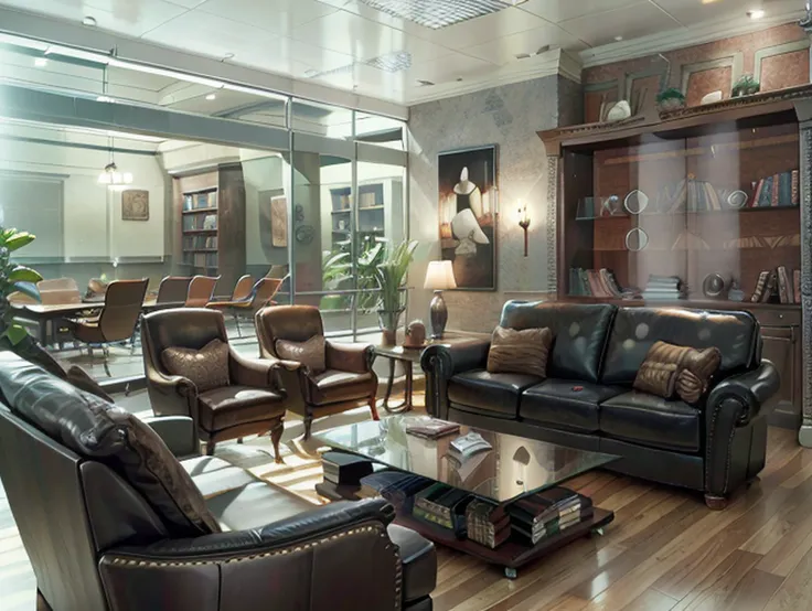 the law firm features contemporary design furniture, including armchairs upholstered in black and gray leather, tempered glass c...