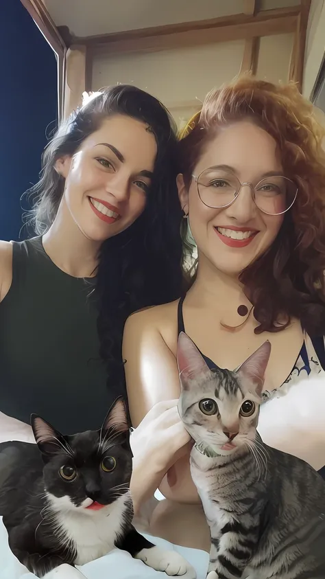 There are two women sitting next to a cat on a bed, com gatos ao seu lado, Directed by: Nandor Soldier, Gatos, by Amelia Peláez, there is a cat next to her, foto do perfil, foto do gato, 📷 Mungojerrie e Rumpleteazer, com gato pequeno no colo, Charli Bowate...