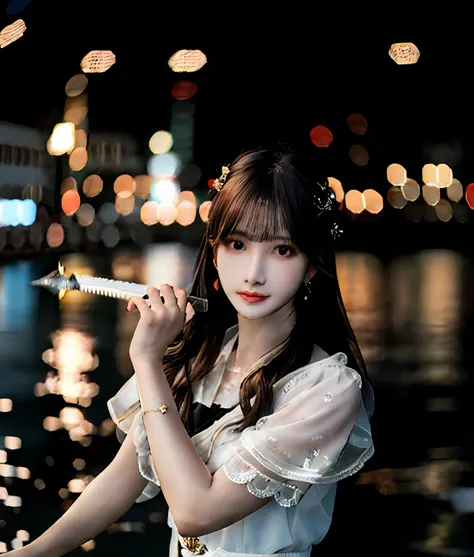 (realisticity: 1.2), best quality, masterpiece, highres, cg,
1girl, weapon, sword, long hair, dress, water, solo, jewelry, white dress, earrings, hair ornament, splashing, upper body super realistis, hair bun, black hair, city bacgraun realistis,
lighting,...