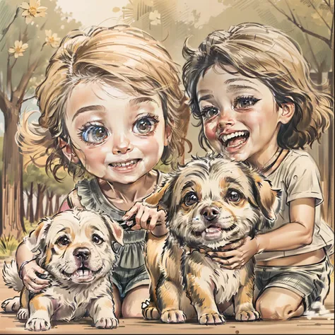 Cartoon Design, Pencil sketch style, coloreado con diversos tonos, Depiction of children playing with a puppy, muy felices en un parque. Well-defined and defined childrens faces.