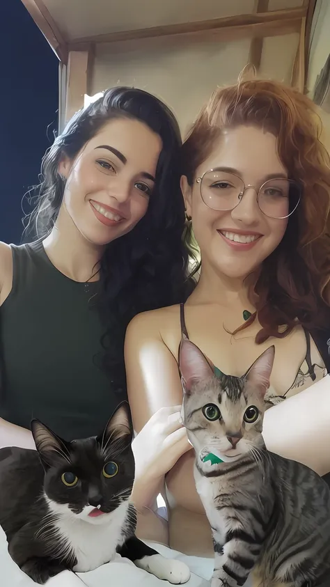 There are two women sitting next to a cat on a bed, com gatos ao seu lado, Directed by: Nandor Soldier, Gatos, by Amelia Peláez, there is a cat next to her, foto do perfil, foto do gato, 📷 Mungojerrie e Rumpleteazer, com gato pequeno no colo, Charli Bowate...