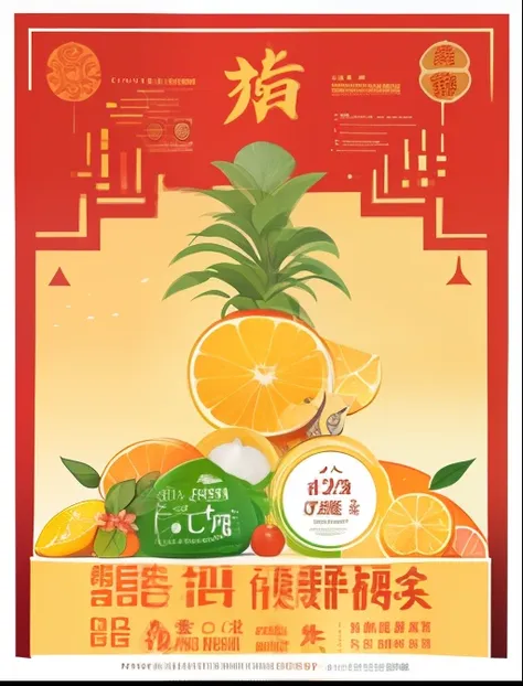 a beautiful woman performs with citrus，fruit and vegetable exhibition poster poster，chinese traditional minimalism，splits