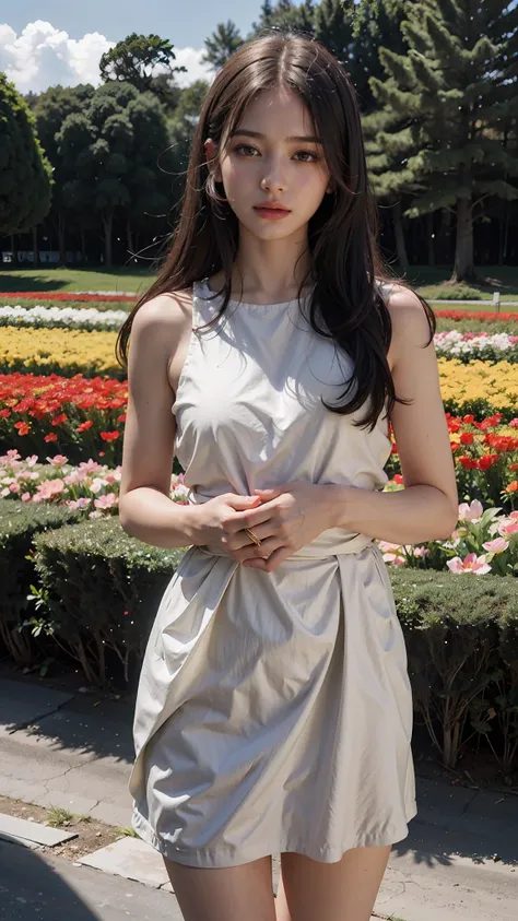 beautiful girl, girl at the flower field, waist up, 8k, raw photo, best quality, masterpiece, realistic, photo-realistic, pale s...