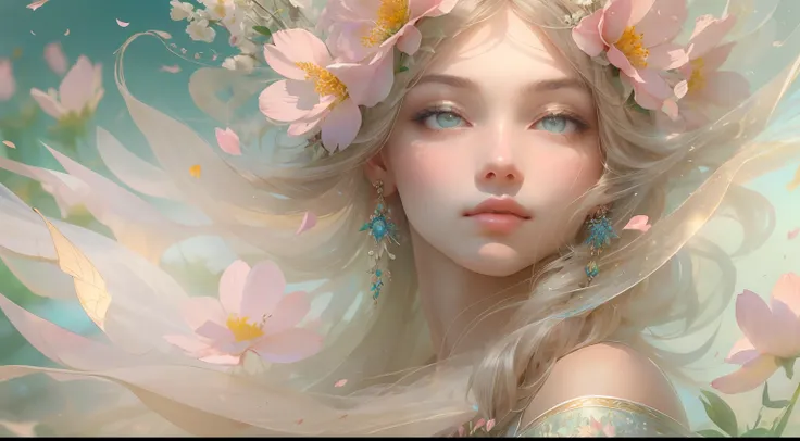 this artwork is dreamy and ethereal, with soft pink watercolor hues. generate a delicate and demure flower maiden with soft, rea...