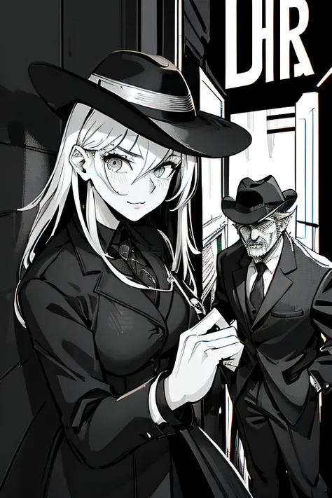 anime - style illustration of a woman in a hat and a man in a suit, noir detective and a fedora, detective suit, anya from spy x...