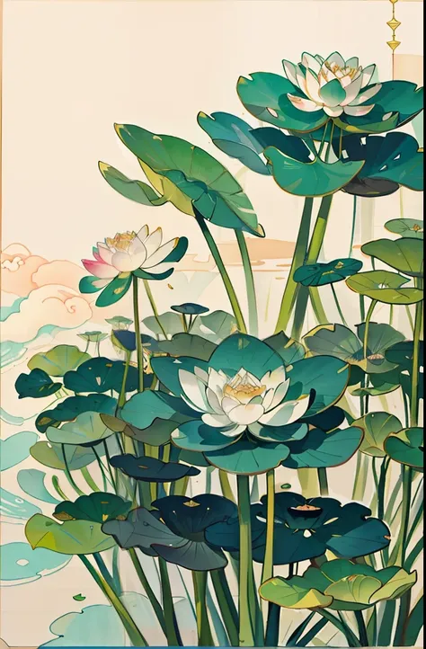 big lotus leaves, lotus flowers, ink painting style, clean colors, ink style, smudging, decisive cutting, white space, freehand,...