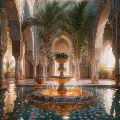 sunrays, masterpiece, best quality, ultra high res, raw, ((white riad)), ((riad pool)), splashing riad fountain, marrakech, moro...