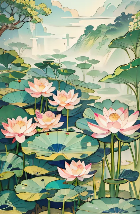 big lotus leaves, lotus flowers, ink painting style, clean colors, ink style, smudging, decisive cutting, white space, freehand,...