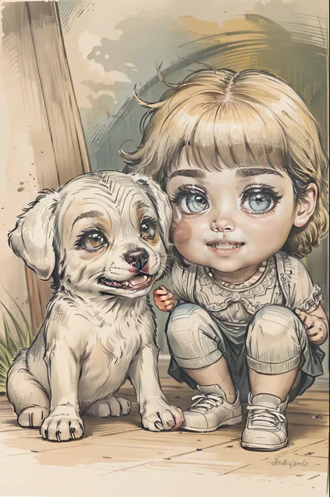 Cartoon Design, Pencil sketch style, Pencil coloring with many colors, Depiction of two children playing with a puppy, muy felices en un parque. El rostro, los ojos y los cuerpos de las figuras deben estar bien definidas en sus formas.