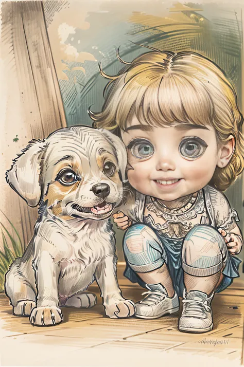 Cartoon Design, Pencil sketch style, Pencil coloring with many colors, Depiction of two children playing with a puppy, muy felices en un parque. El rostro, los ojos y los cuerpos de las figuras deben estar bien definidas en sus formas.
