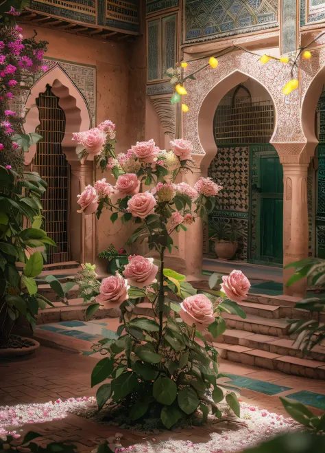 pink roses, sunrays, masterpiece, best quality, ultra high res, raw, ((riad)), riad fountain, marrakech, moroccan candle holders...