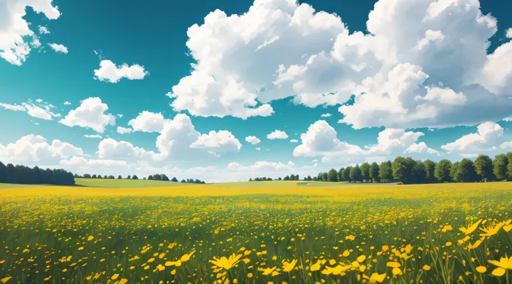 summer, meadows, a few small flowers, clear lakes, heaven, large clouds, blue sky, hot weather, hd detail, hyper-detail, cinemat...