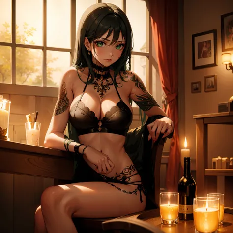 a room with candle lights, bottles on the table, a beautiful girl siting on a chair getting a tattoo by a girl tattoo artist, beautiful face, green eyes, sexy pose, best quality, beautiful face, oil painting