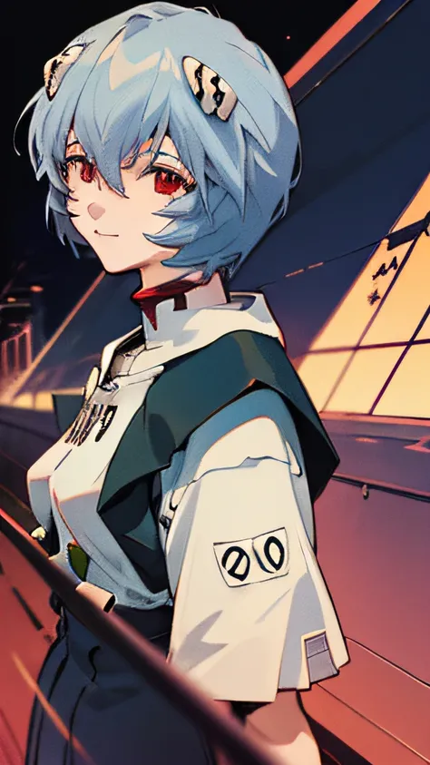 1 girl, ayanami, evangelion, 8k, best quality, uniforme escolar, sala de aula, sorriso suave, sentado na cadeira, olhando pela j...