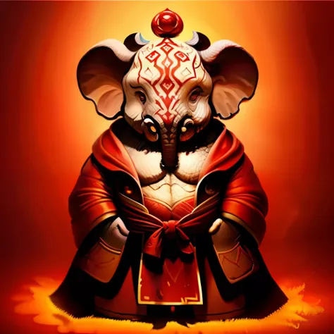 humanoid, cute elephant, best quality ,masterpiece, illustration, view the viewer, facing front, fluffy red robe for festive aus...