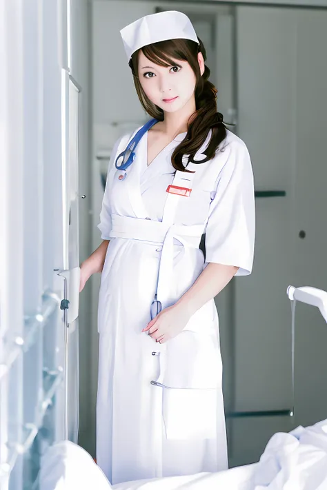 Alafed woman in white nursing uniform poses for photo,white panty、 nurse girl, Nurse, wearing a white hospital gown, Nurse Uniform, with white coat, close - fitting nurse costume, nishimiya shouko, 奈良美智, doctor, sakimichan, (doctor), White uniform, Yasumot...