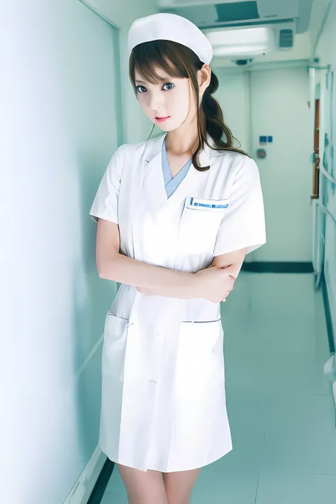 Alafed woman in white nursing uniform poses for photo,Ultra mini skirt、White panty、Nurse Cap、Beautiful camel toe、beautiful thigh、Beautiful facial features、Longhaire、 nurse girl, Nurse, wearing a white hospital gown, Nurse Uniform, with white coat, close - ...