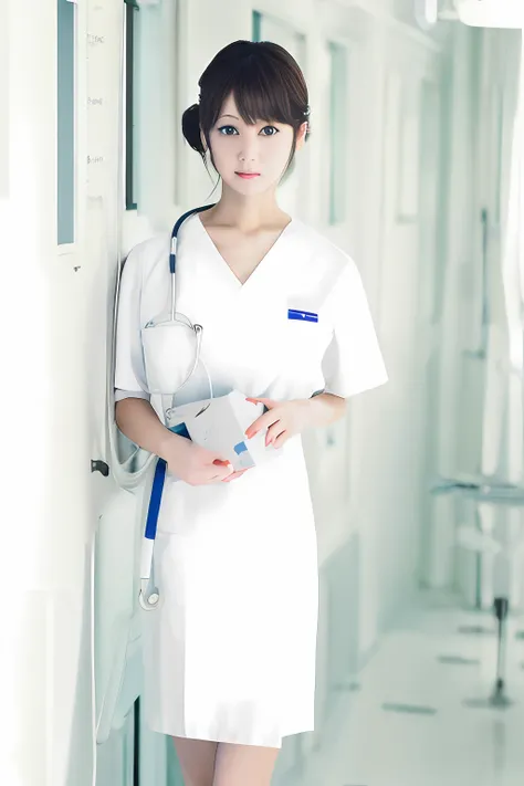 Alafed woman in white nursing uniform poses for photo,Ultra mini skirt、Short skirt that looks good on the thighs、Glossy appearance、panthyhose、White panty、Nurse Cap、Beautiful camel toe、beautiful thigh、Beautiful facial features、Longhaire、 nurse girl, Nurse, ...