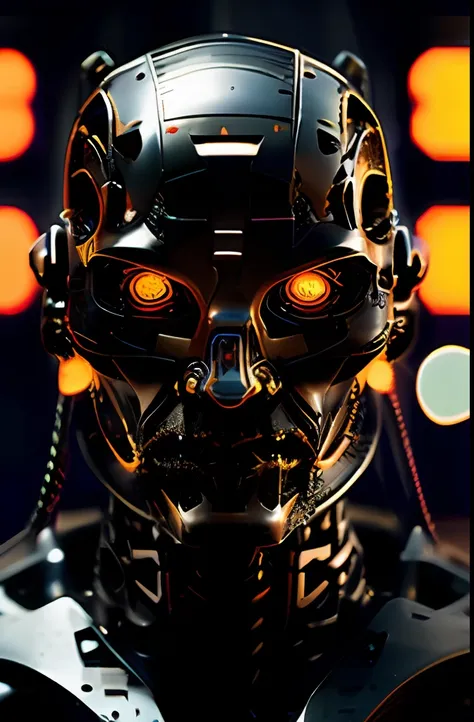a closeup of a cyborg , deep focus, intricate details, matt black and orange colors, day, midday, photograph, highly detailed, 16k, blue bright eyes