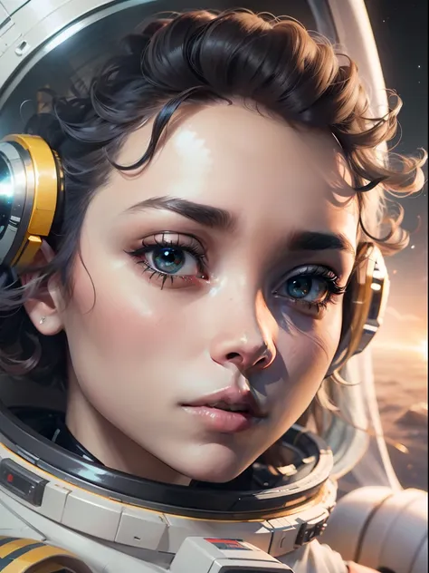 a girl with white skin and curly hair floats inside a large gravitational capsule, space objects floating in the background, ani...