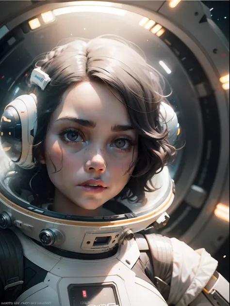 a girl with white skin and curly hair floats inside a large gravitational capsule, space objects floating in the background, ani...