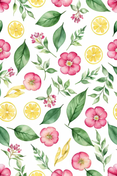 watercolor pattern of beautiful flowers, berries,  lemons，peony，ferns, leaves,  calm colors in #3b4195 color background. waterco...