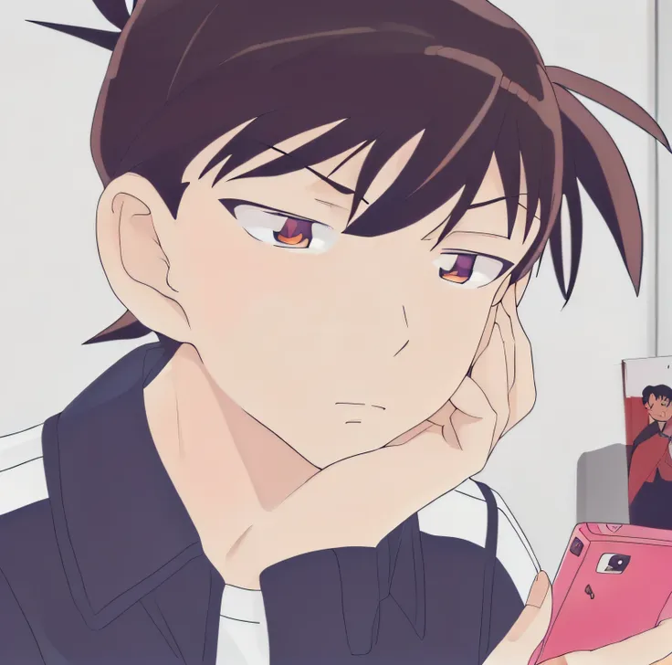 anime boy looking at camera，mobile phone in hand, shinji, looking at his phone, cel shaded anime, in the anime, shinichi sakamot...