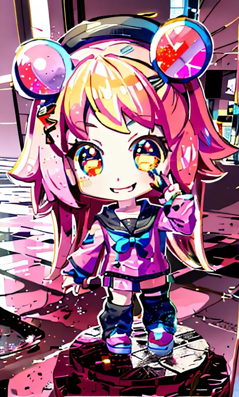 there was a little girl，with a big smile on its face, yami kawaii, soda themed girl, chibi girl, kawaii decora rainbowcore, glit...