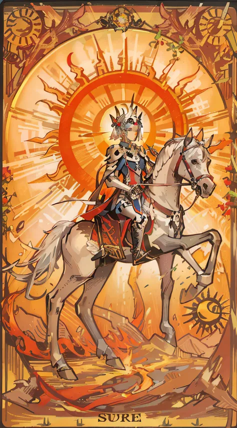 a tarot card depicting the sun tarot, featuring a skeletal man riding a flaming horse with the round sun in the background. half...