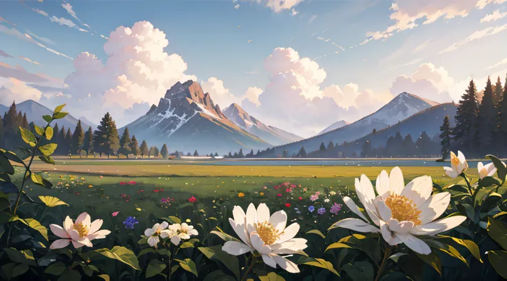 summer, meadows, a few small flowers, clear lakes, heaven, large clouds, blue sky, hot weather, hd detail, hyper-detail, cinemat...