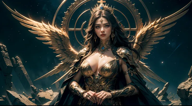 goddes,serious, Large breasts,Looks stern and ruthless, starrysky,wings,mito, solemn atmosphere, Description of the Ultrra precise pointer, Photorealistic, Super detail, Masterpiece, Best quality, A high resolution, 8K,chies,Huge cross,mystic symbols