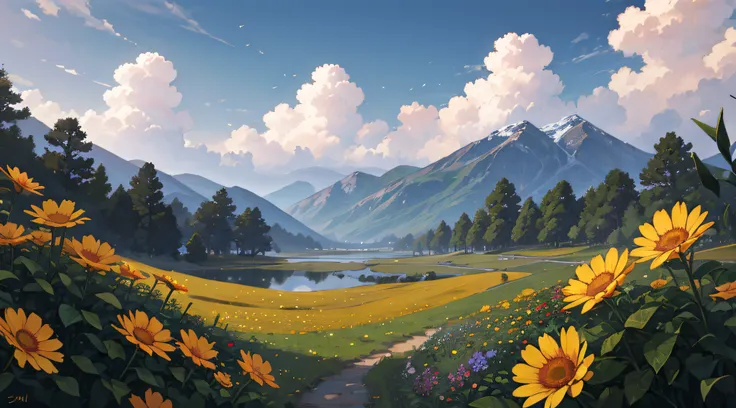 summer, meadows, a few small flowers, clear lakes, heaven, large clouds, blue sky, hot weather, hd detail, hyper-detail, cinemat...