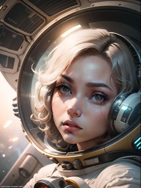 a girl with white skin and curly hair floats inside a large gravitational capsule, space objects floating in the background, ani...