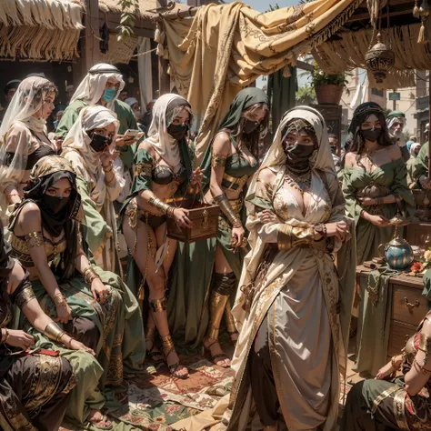 8K，Six masked Arab slave girls were tied to the podium，binding，enslavement，Gaggage，bound waist，Blindfolded，handcuff，anklet，For people to choose，Masked woman in background opens wooden box，Drag out the bundled one，Slave girl trapped in a wooden box，A row of...