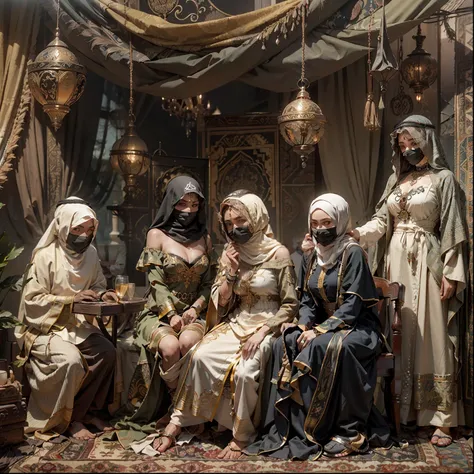 8K，Six masked Arab slave girls were tied to the podium，binding，enslavement，Gaggage，bound waist，Blindfolded，handcuff，anklet，For people to choose，Masked woman in background opens wooden box，Drag out the bundled one，Slave girl trapped in a wooden box，A row of...
